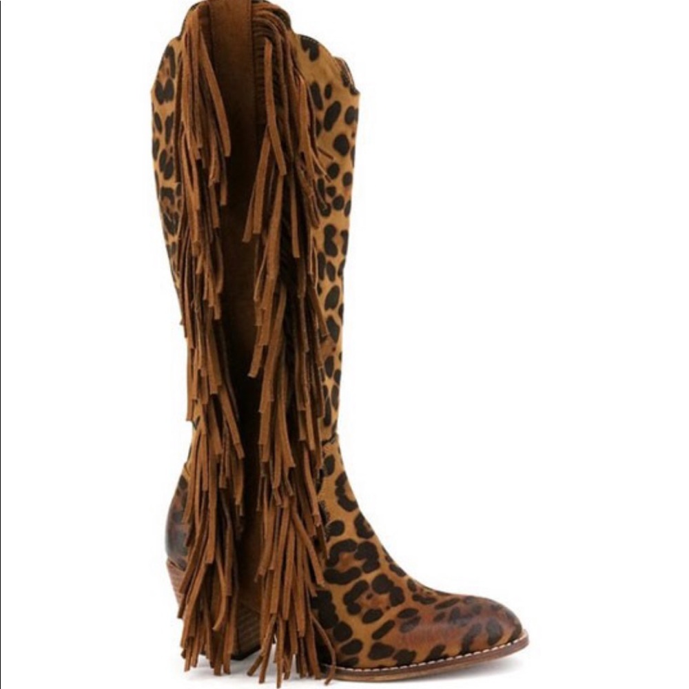 Western Faux Suede Tall Boots Fringe-Leopard Print
